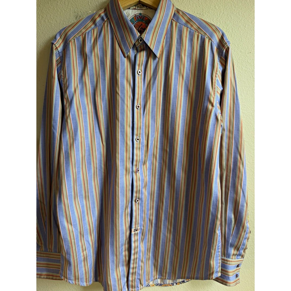 Robert Graham Men's M Blue Multi Striped Cotton Blend Button Front Dress Shirt